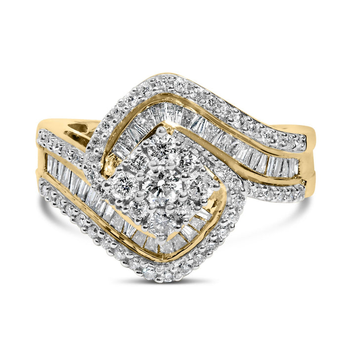 Anillo de racimo floral con banda en espiral de tres hileras con diamantes de 1 ct. p.t. en oro amarillo de 14K, foto 1