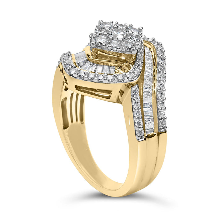 Anillo de racimo floral con banda en espiral de tres hileras con diamantes de 1 ct. p.t. en oro amarillo de 14K, foto 5