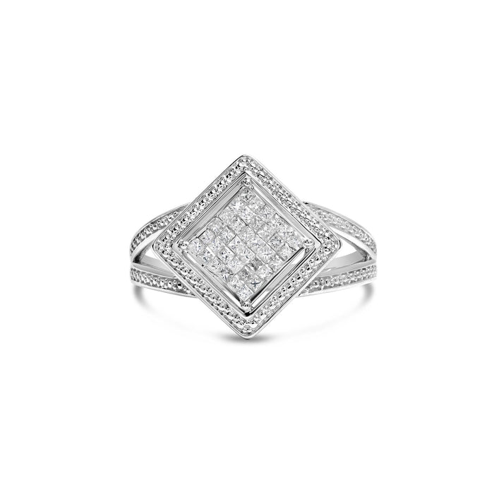 Anillo de rombo y halo de cuentas con engaste invisible y diamantes talla princesa de 1/3 ct. p.t. en plata de ley, foto 1