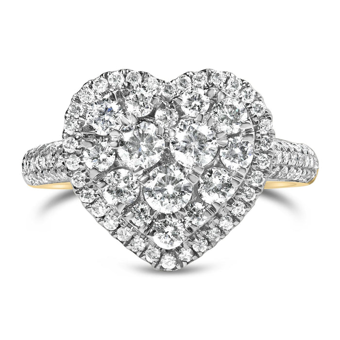 Anillo en forma de corazón de racimo con diamantes de 1 1/2 ct. p.t. en oro amarillo de 14K, foto 1