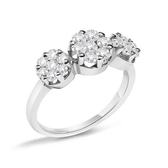Anillo de tres racimos florales redondos con diamantes talla brillante de 1 1/4 ct. p.t. en oro blanco de 14K, foto 4