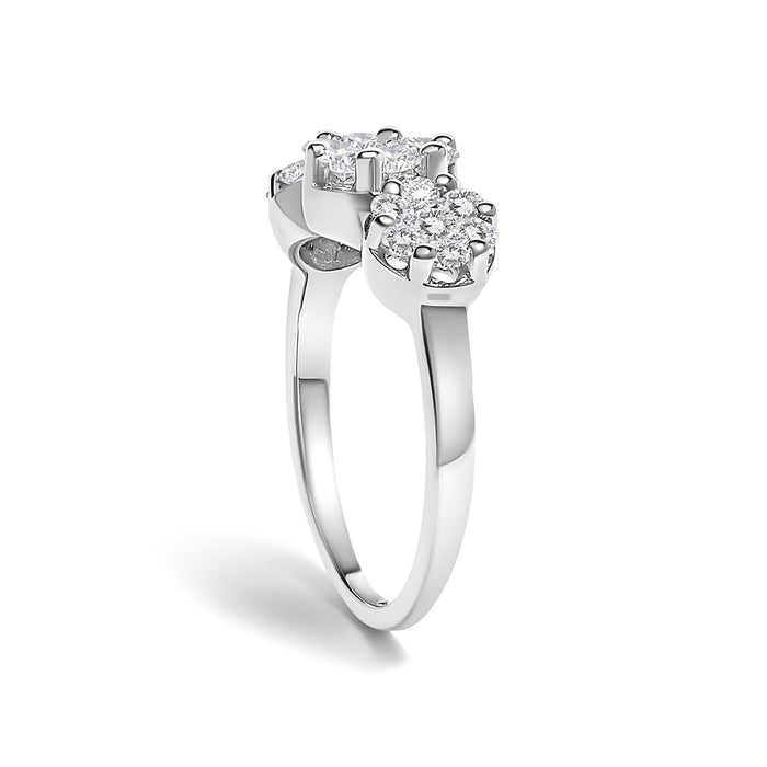 Anillo de tres racimos florales redondos con diamantes talla brillante de 1 1/4 ct. p.t. en oro blanco de 14K, foto 5
