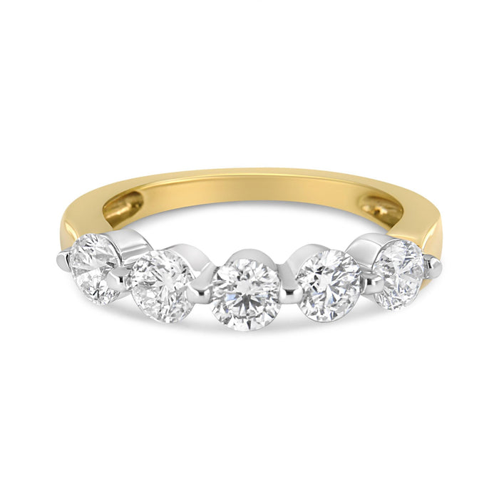 Anillo de banda de 5 piedras de copa de 2 garras con diamantes de 1 1/2 ct. p.t. en oro blanco y amarillo de 14K, foto 1
