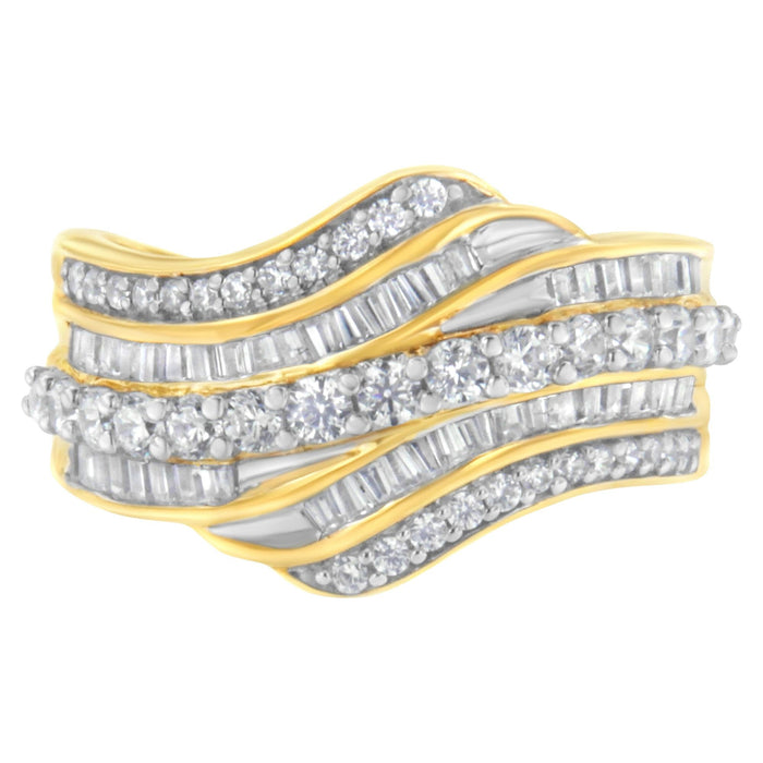 1 Ct. T.W. Baguette and Round Diamond Multi-Row Wave Bypass Ring in 10K Yellow Gold, photo 1