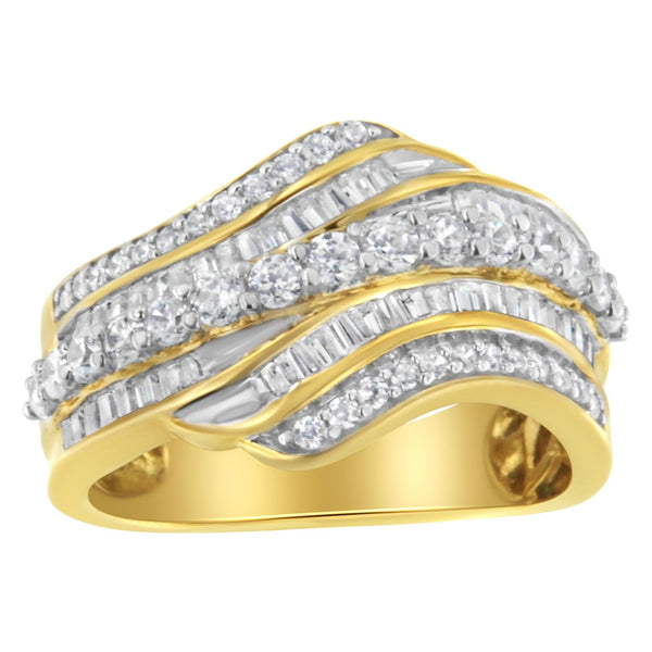 1 Ct. T.W. Baguette and Round Diamond Multi-Row Wave Bypass Ring in 10K Yellow Gold, photo 2