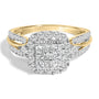 Anillo de compromiso de racimo con halo cojín y aspecto de 3 bandas con diamantes de 1 ct. p.t. en oro amarillo de 10K, color H-I, claridad SI1-SI2, foto 1