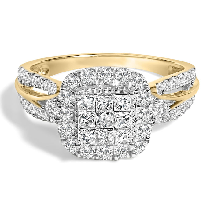 Anillo de compromiso de racimo con halo cojín y aspecto de 3 bandas con diamantes de 1 ct. p.t. en oro amarillo de 10K, color H-I, claridad SI1-SI2, foto 1