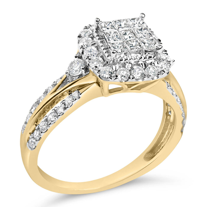 Anillo de compromiso de racimo con halo cojín y aspecto de 3 bandas con diamantes de 1 ct. p.t. en oro amarillo de 10K, color H-I, claridad SI1-SI2, foto 3