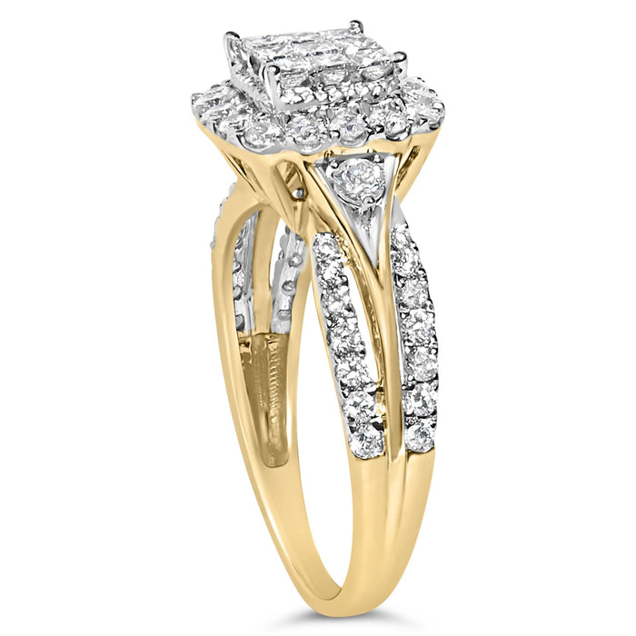 Anillo de compromiso de racimo con halo cojín y aspecto de 3 bandas con diamantes de 1 ct. p.t. en oro amarillo de 10K, color H-I, claridad SI1-SI2, foto 4