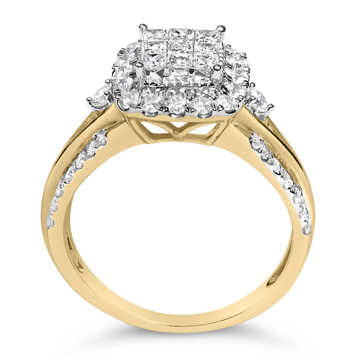 Anillo de compromiso de racimo con halo cojín y aspecto de 3 bandas con diamantes de 1 ct. p.t. en oro amarillo de 10K, color H-I, claridad SI1-SI2, foto 5