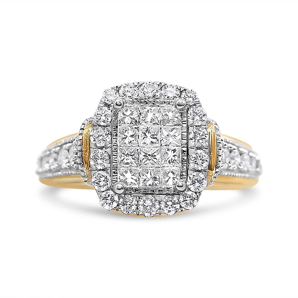 1 Ct. T.W. Princess and Round-Cut Emerald-Cut Halo Diamond Cluster Ring in 14K Yellow and White Gold, photo 1
