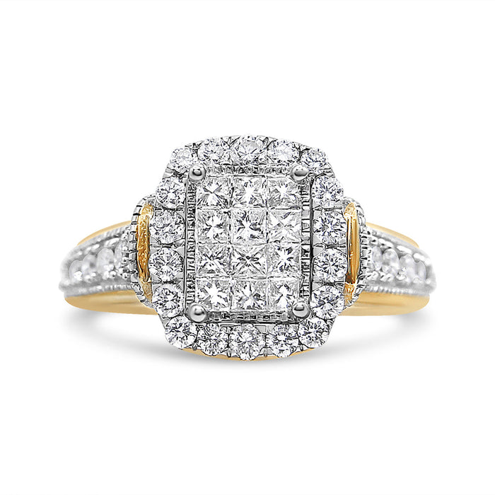 1 Ct. T.W. Princess and Round-Cut Emerald-Cut Halo Diamond Cluster Ring in 14K Yellow and White Gold, photo 1