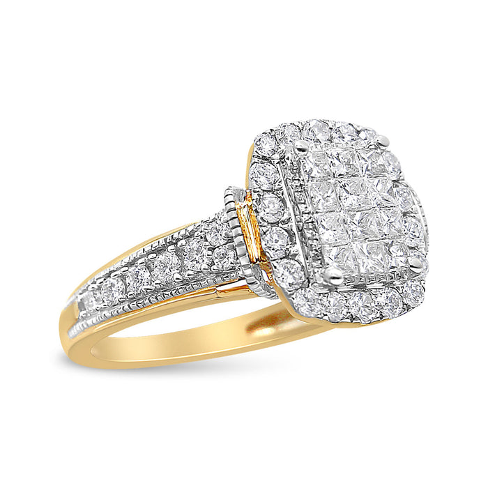 1 Ct. T.W. Princess and Round-Cut Emerald-Cut Halo Diamond Cluster Ring in 14K Yellow and White Gold, photo 4