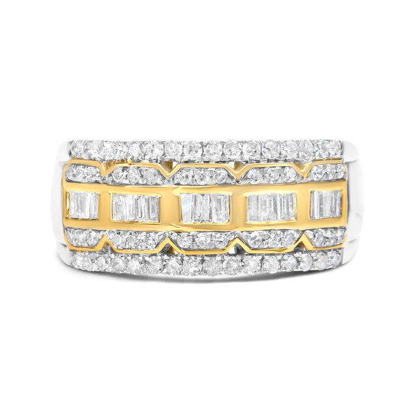 1 Ct. T.W. Baguette and Round-Cut Diamond Art Deco Multi-Row Ring Band in 10K White and Yellow Gold, photo 2