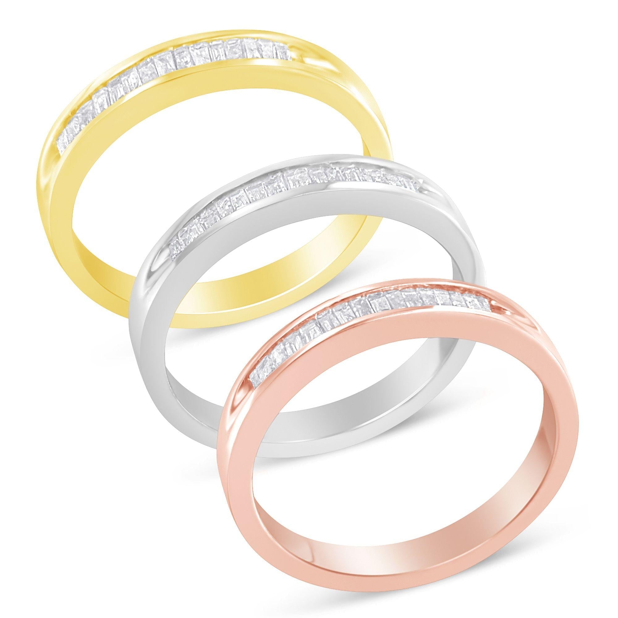 Conjunto de anillos apilables con diamantes de canal de 5/8 ct. p.t. en oro amarillo, blanco y rosa de 10K sobre plata, foto 1