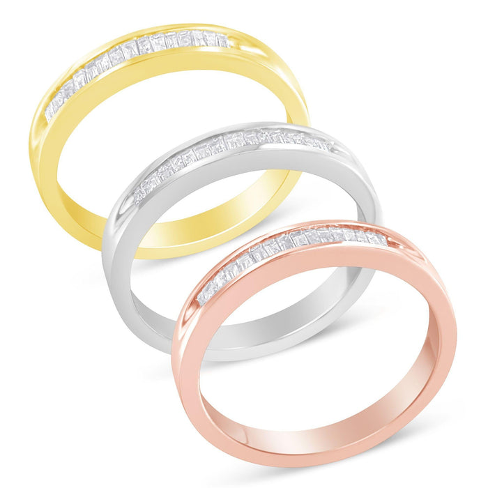 Conjunto de anillos apilables con diamantes de canal de 5/8 ct. p.t. en oro amarillo, blanco y rosa de 10K sobre plata, foto 1