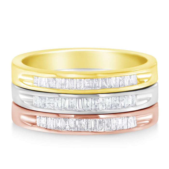 Conjunto de anillos apilables con diamantes de canal de 5/8 ct. p.t. en oro amarillo, blanco y rosa de 10K sobre plata, foto 4