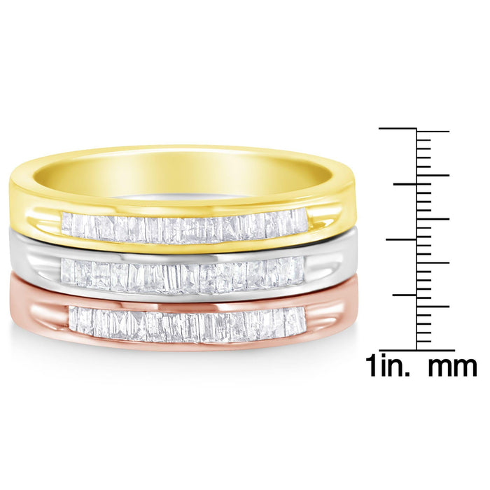 Conjunto de anillos apilables con diamantes de canal de 5/8 ct. p.t. en oro amarillo, blanco y rosa de 10K sobre plata, foto 8
