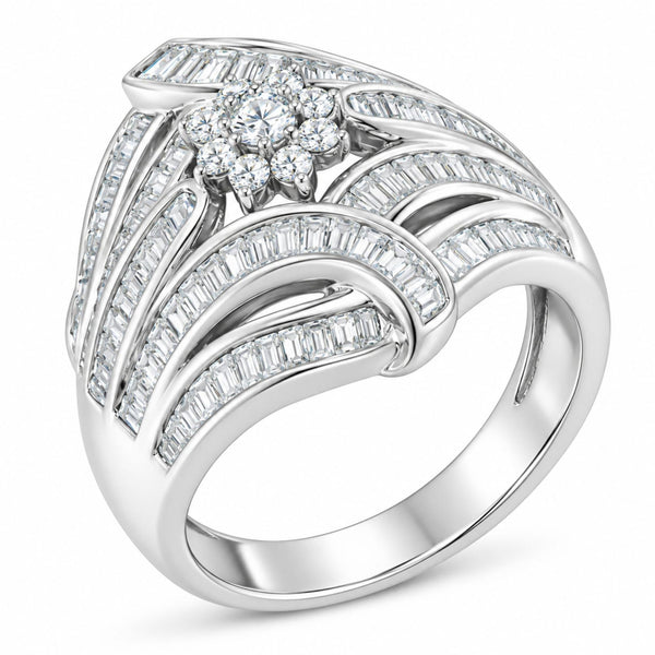 1 1/8 Ct. T.W. Round and Baguette Diamond Flower and Fern Cluster Cocktail Ring in Sterling Silver, photo 1