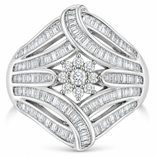 1 1/8 Ct. T.W. Round and Baguette Diamond Flower and Fern Cluster Cocktail Ring in Sterling Silver, photo 2