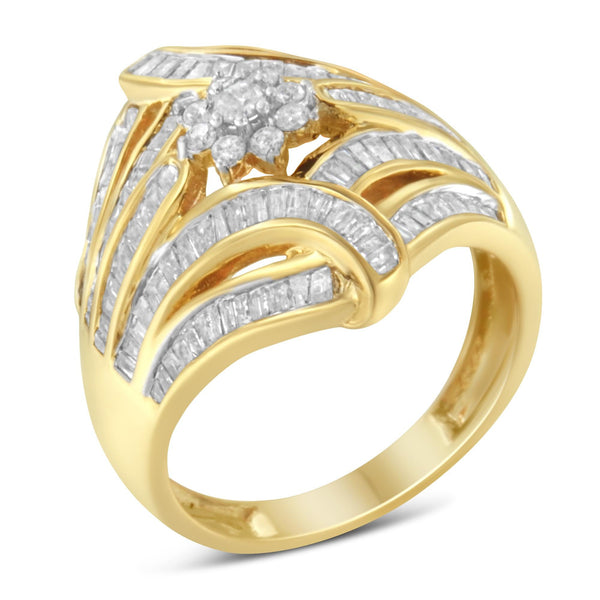 1 1/8 Ct. T.W. Round and Baguette Diamond Flower and Fern Cluster Cocktail Ring in 10K Yellow Gold-Flashed Sterling Silver, photo 1