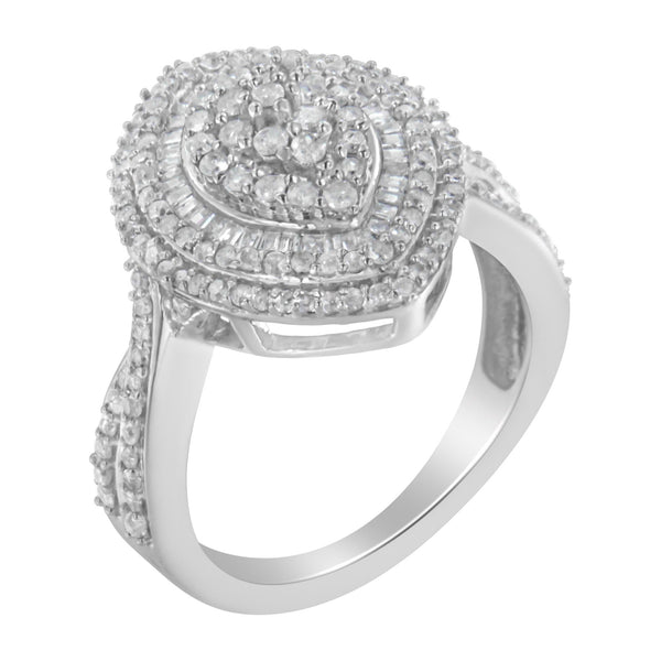 1 Ct. T.W. Round and Baguette-Cut Diamond Marquise-Shaped Cluster Triple Stepped Halo Cocktail Ring in Sterling Silver, photo 1