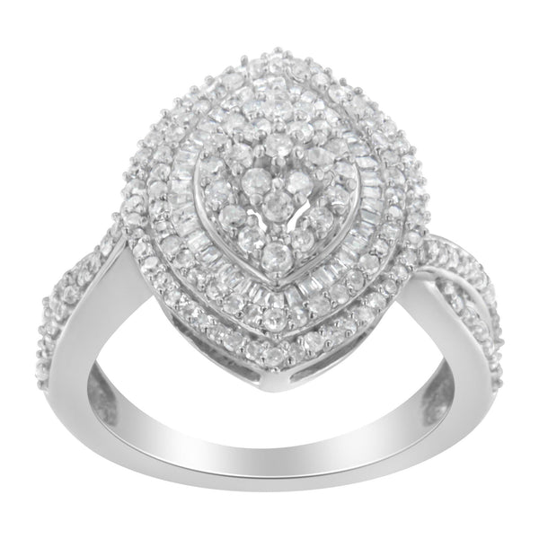 1 Ct. T.W. Round and Baguette-Cut Diamond Marquise-Shaped Cluster Triple Stepped Halo Cocktail Ring in Sterling Silver, photo 2