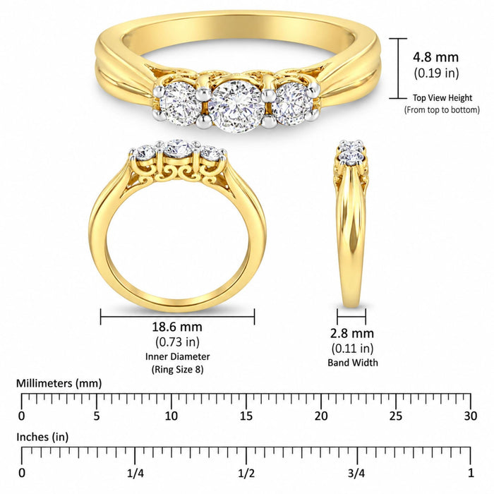 Anillo de tres piedras con diamantes de 0.50 ct. p.t. en oro amarillo de 10K, foto 7