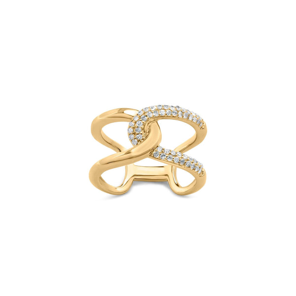 Anillo de banda cruzado calado con diamantes pavé de 1/4 ct. p.t. en plata de ley bañada en oro amarillo de 18K, foto 1