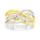 Anillo de banda cruzado de varias hileras con diamantes de 1/10 ct. p.t. en plata de ley bañada en oro amarillo de 10K, color I-J, claridad I1-I2