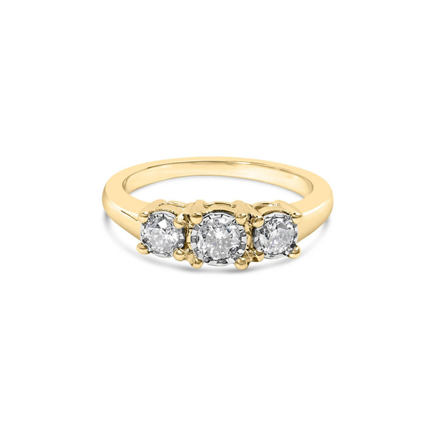 1/2 Ct. T.W. Miracle-Set Round Diamond Three Stone Illusion Plate Ring in 10K Yellow Gold, photo 1