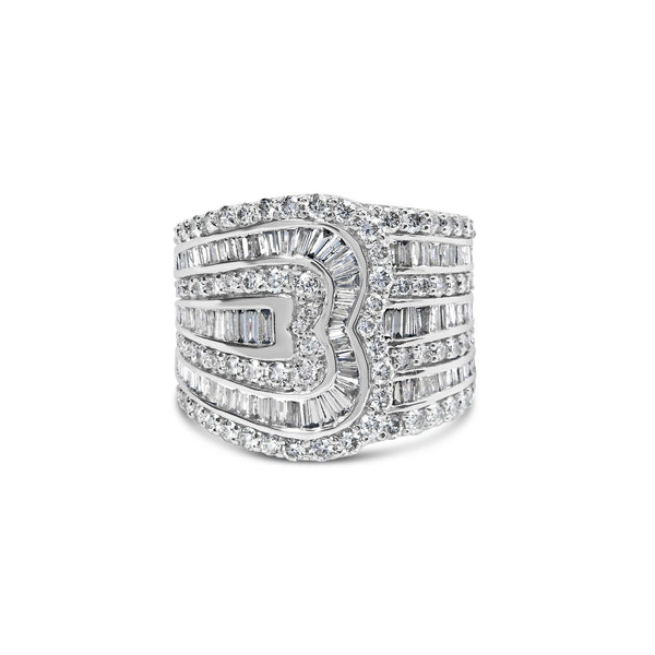 Anillo bypass de varias hileras con diamantes redondos y talla baguette de 2 1/2 ct. p.t. en oro blanco de 10K, foto 1