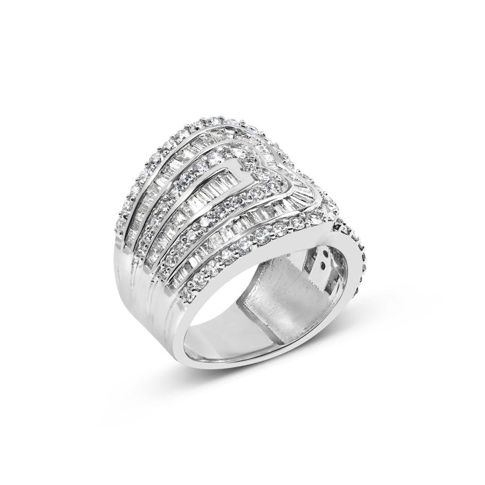 Anillo bypass de varias hileras con diamantes redondos y talla baguette de 2 1/2 ct. p.t. en oro blanco de 10K, foto 4