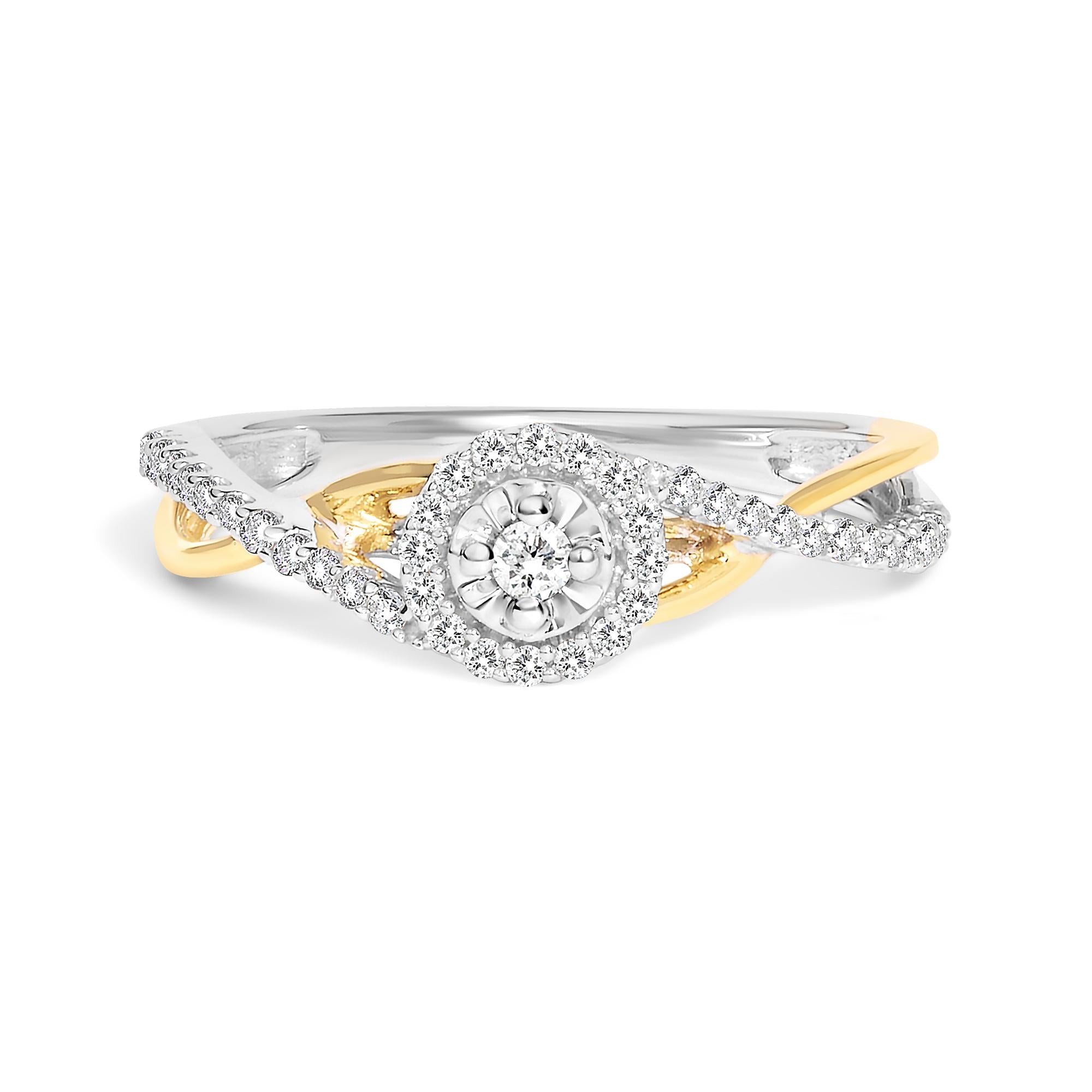Anillo de promesa bypass y halo con diamantes de 1/4 ct. p.t. en plata de ley bañada en oro amarillo de 14K, foto 1