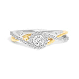 Anillo de promesa bypass y halo con diamantes de 1/4 ct. p.t. en plata de ley bañada en oro amarillo de 14K