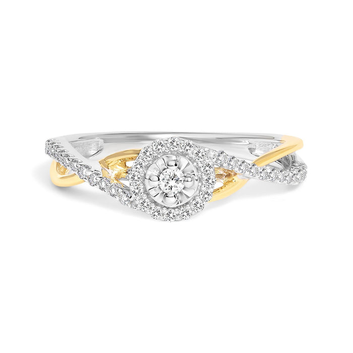 Anillo de promesa bypass y halo con diamantes de 1/4 ct. p.t. en plata de ley bañada en oro amarillo de 14K, foto 1