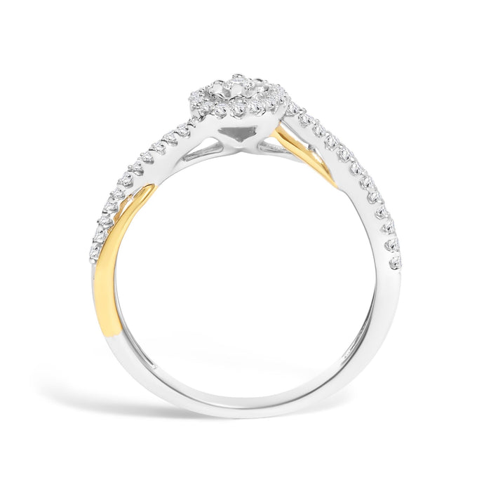 Anillo de promesa bypass y halo con diamantes de 1/4 ct. p.t. en plata de ley bañada en oro amarillo de 14K, foto 6
