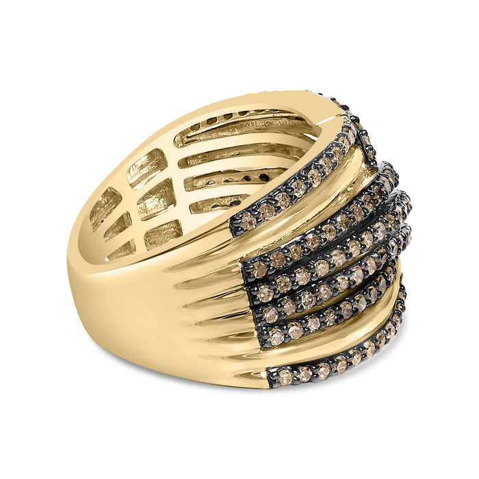 Anillo cruzado de varias hileras con diamantes champán de 1 ct. p.t. en plata de ley bañada en oro amarillo de 10K, foto 2