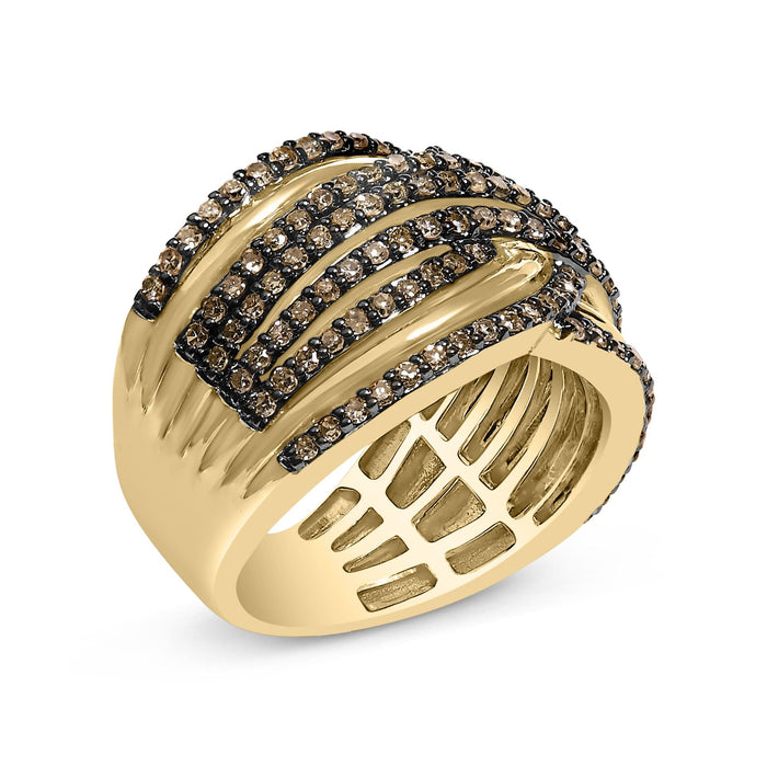 Anillo cruzado de varias hileras con diamantes champán de 1 ct. p.t. en plata de ley bañada en oro amarillo de 10K, foto 4