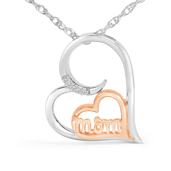Collar con colgante de corazón de mamá con detalle de diamante en plata de ley bañada en oro rosa de 14K, foto 2