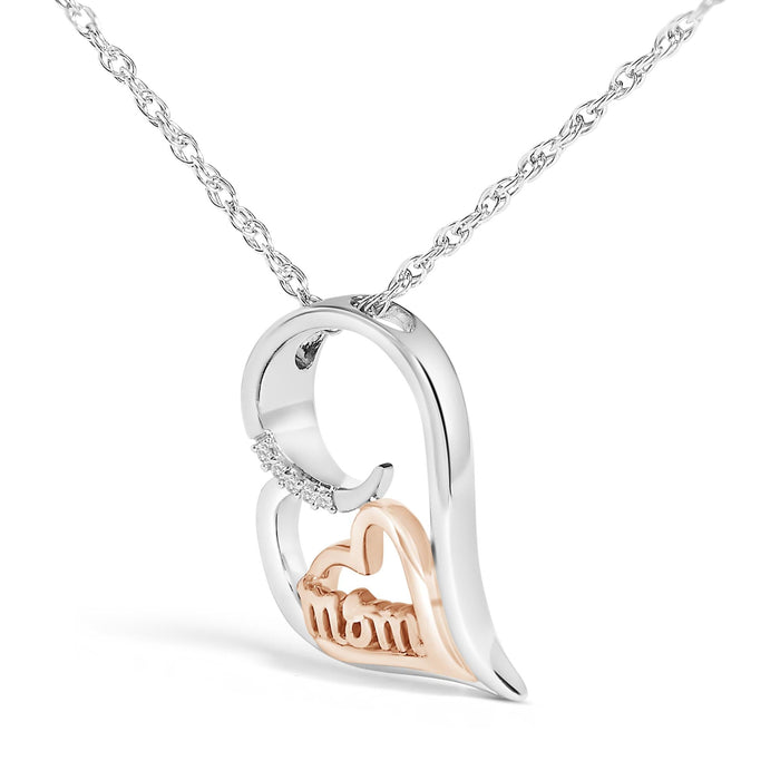 Collar con colgante de corazón de mamá con detalle de diamante en plata de ley bañada en oro rosa de 14K, foto 4