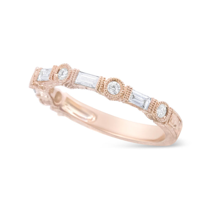 Anillo de banda nupcial con diamantes baguette y redondos de 3/8 ct. p.t. en oro rosa de 14K, foto 4