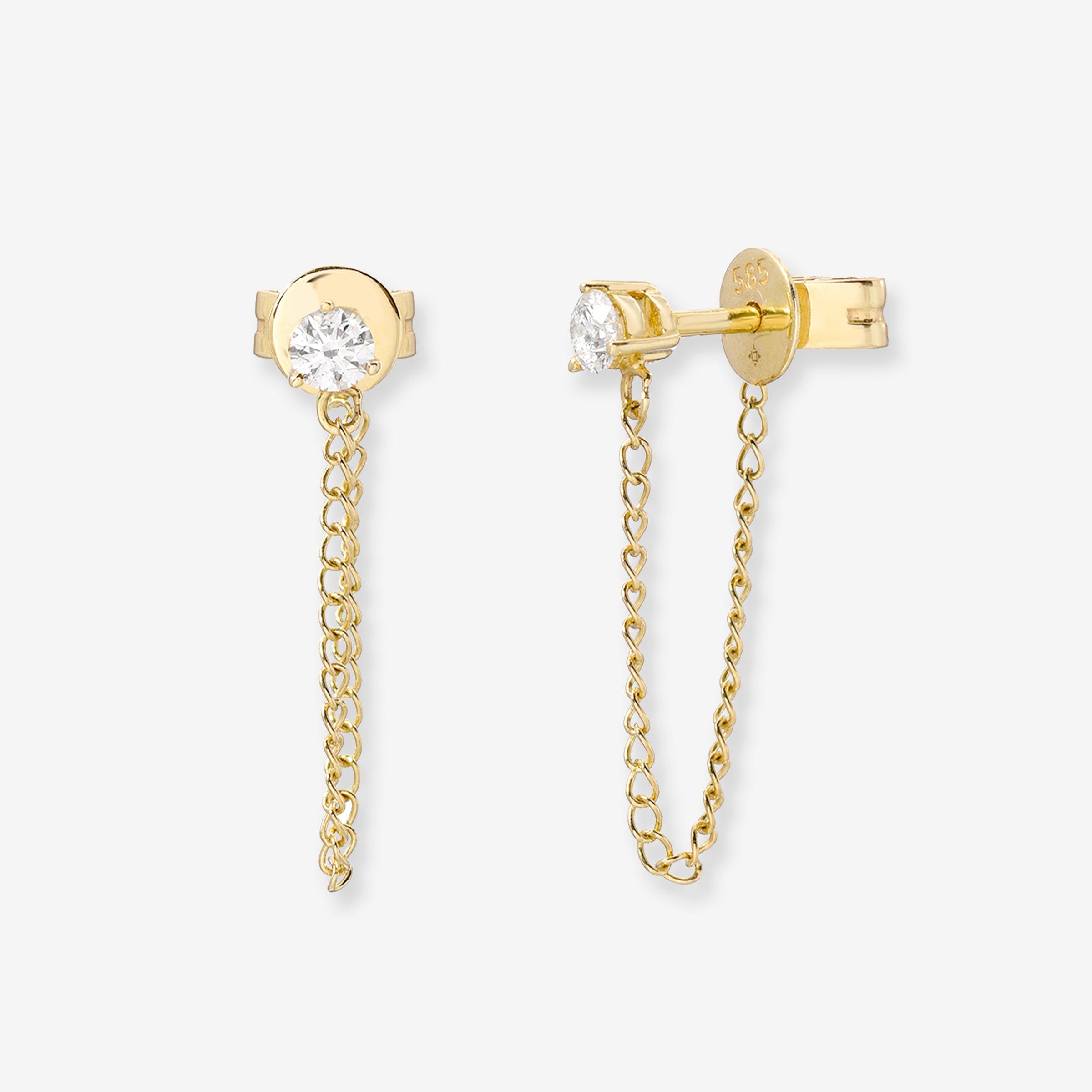 14K Gold 3 Prong Diamond Drop Chain Stud Earrings, photo 1