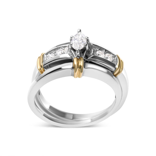 Conjunto de anillos de compromiso de cóctel con diamantes marquesa de 1/3 ct. p.t. en oro amarillo y blanco de 14K, foto 1