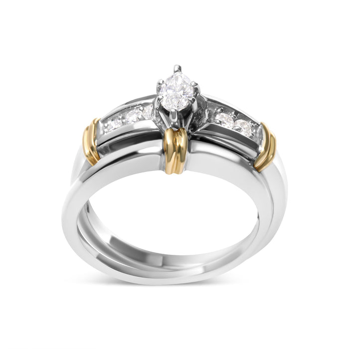 Conjunto de anillos de compromiso de cóctel con diamantes marquesa de 1/3 ct. p.t. en oro amarillo y blanco de 14K, foto 1
