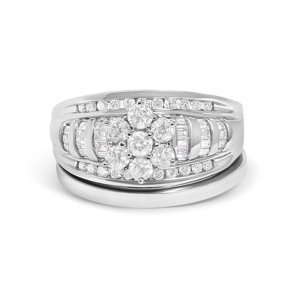 1 Ct. T.W. Round and Baguette Diamond Cluster Bridal Set in 14K White Gold, photo 1