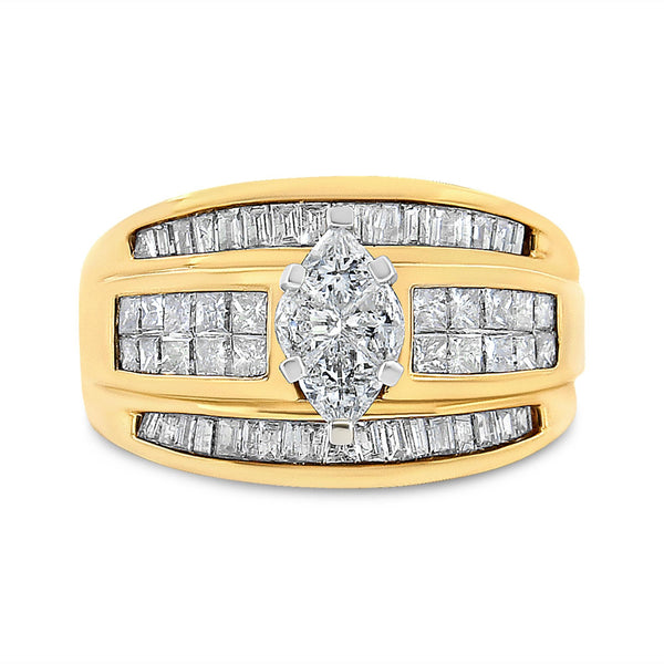 1 1/2 Ct. T.W. Pie, Princess and Baguette-Cut Diamond Marquise-Shaped Engagement Cocktail Ring Band in 14K Yellow Gold, photo 1