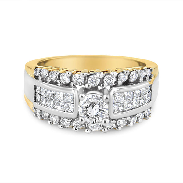 1 1/2 Ct. T.W. Round and Princess-Cut Diamond Band Ring in 14K Yellow and White Gold, photo 1