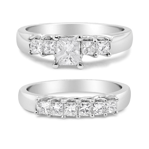 Conjunto de anillos de compromiso y boda de 5 piedras con diamantes de 1 1/2 ct. p.t. en oro blanco de 14K, foto 1