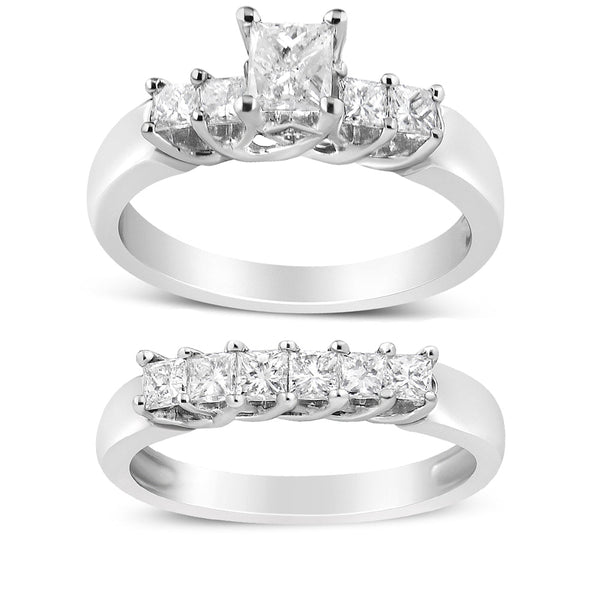 Conjunto de anillos de compromiso y boda de 5 piedras con diamantes de 1 1/2 ct. p.t. en oro blanco de 14K, foto 2